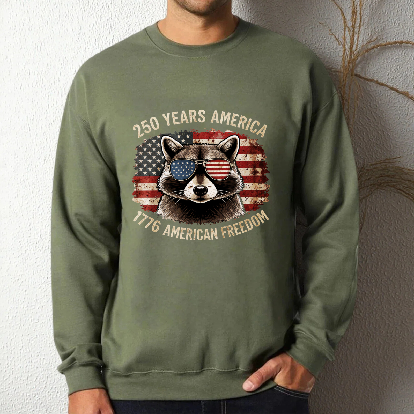 Racoon American Flag Sweatshirt 250 Years America 1776 American Freedom Patriotic Crewneck Pullover Shirt