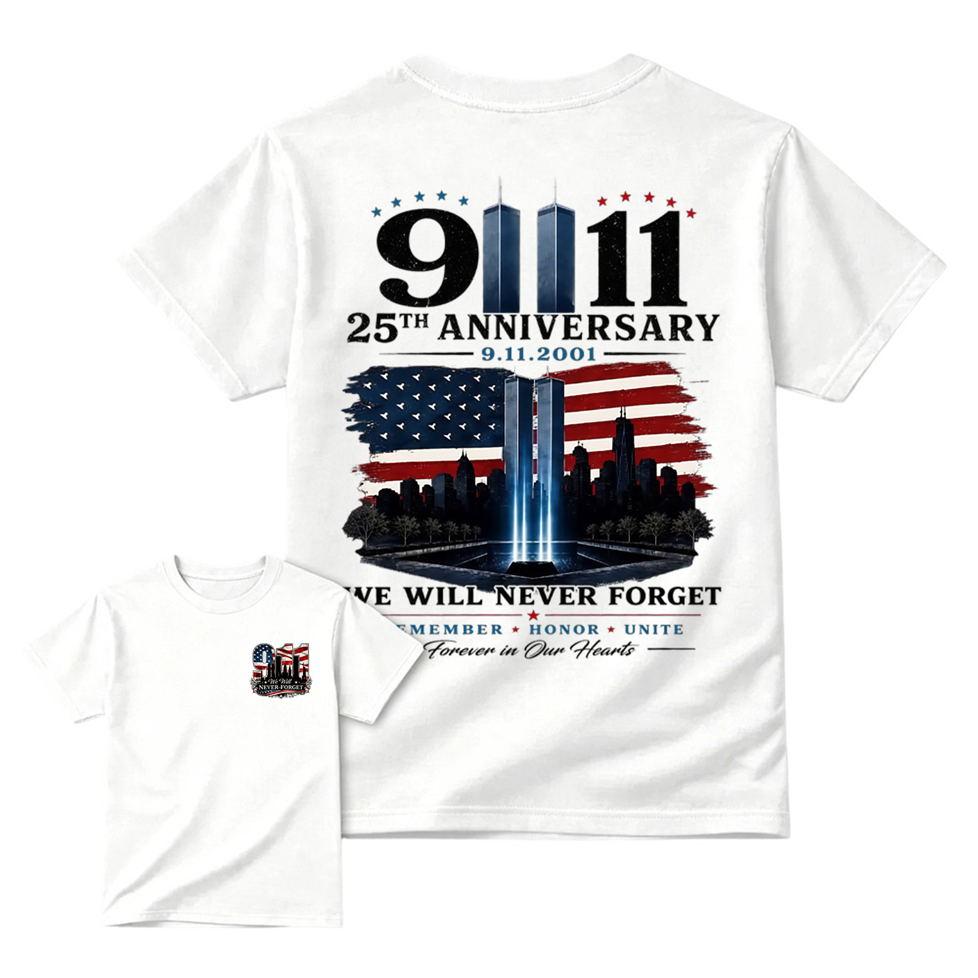 9.11 25th Anniversary Memorial T Shirt, Patriotic Twin Towers And American Flag Two Sided Graphic, September 11 Remembrance Gift For Firefighter Families And Patriots