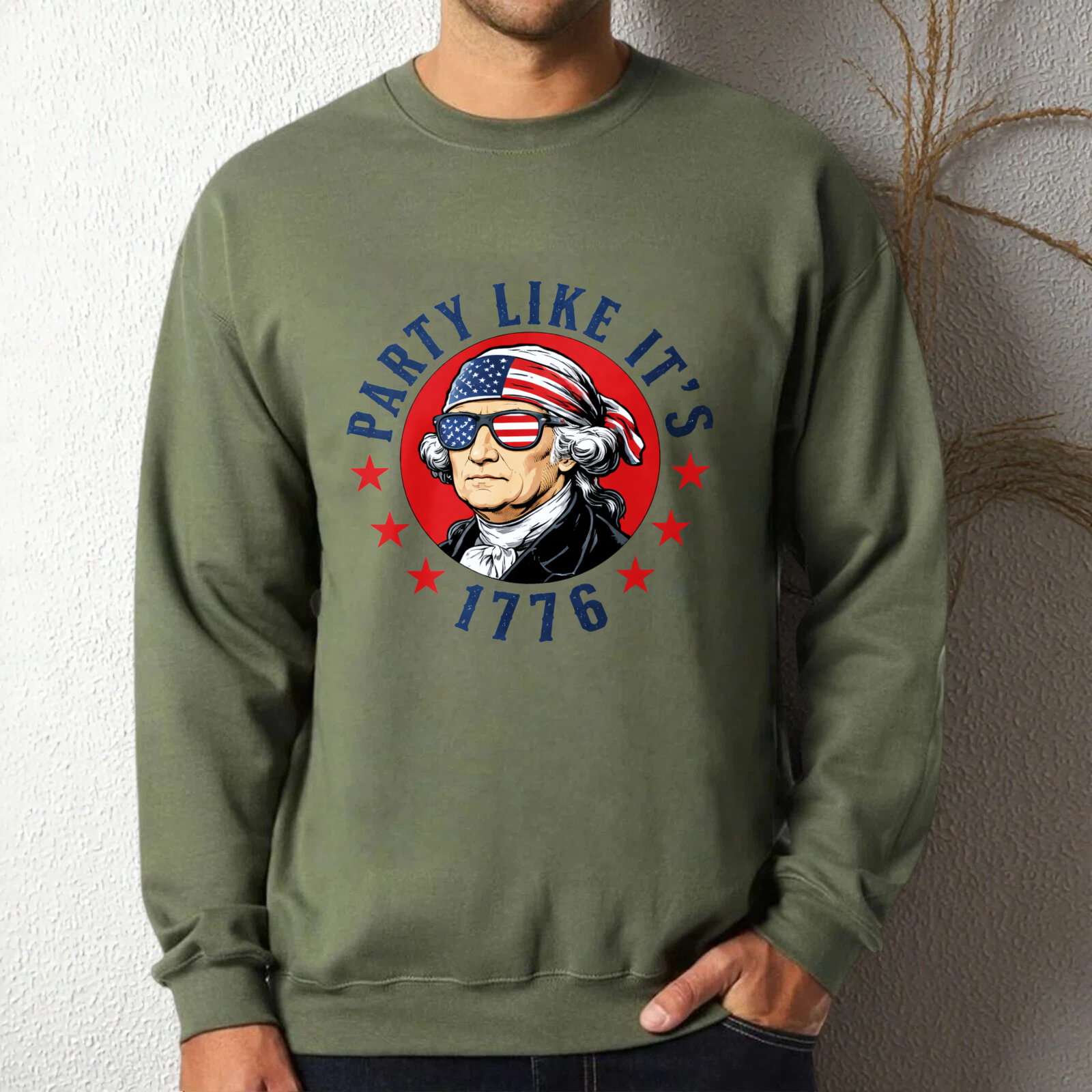 Patriotic George Washington Sweatshirt Party Like Its 1776 American Flag Design Unisex Crewneck Pullover Black