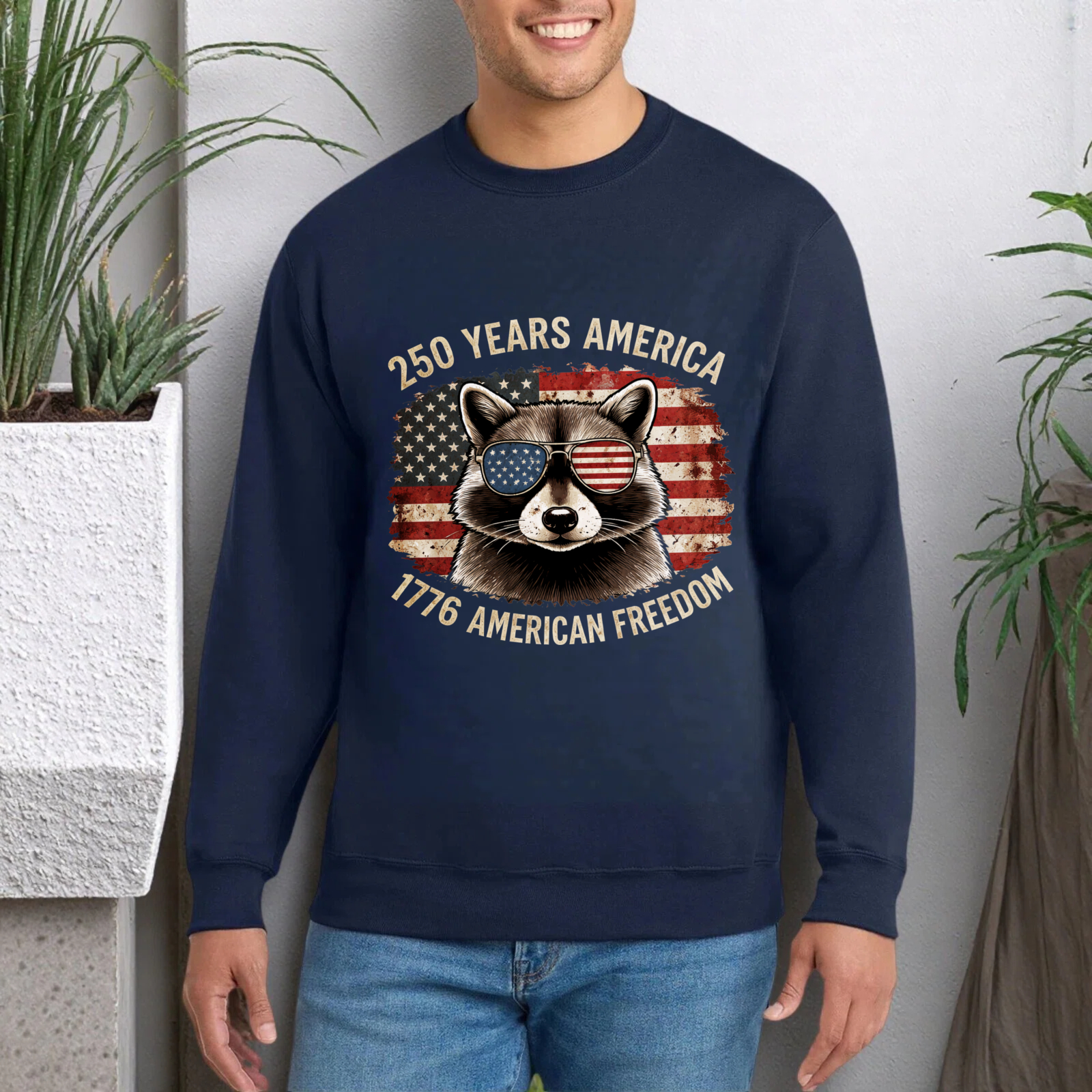 Racoon American Flag Sweatshirt 250 Years America 1776 American Freedom Patriotic Crewneck Pullover Shirt