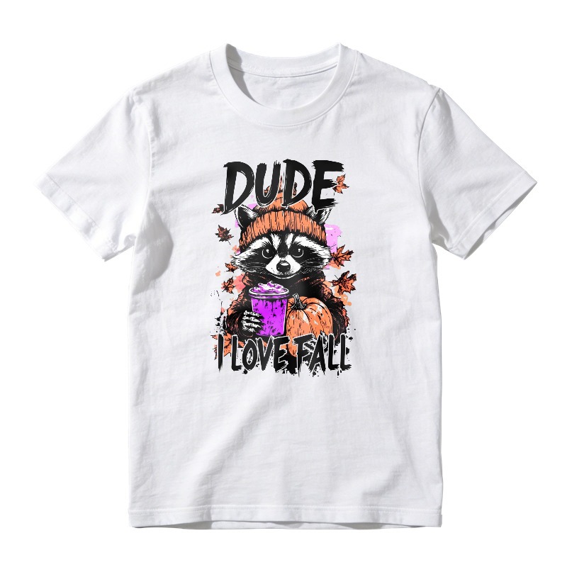 Cute Raccoon Holding Pumpkin Spice Latte With Autumn Leaves And Dude I Love Fall Text, Unisex Classic T-shirt