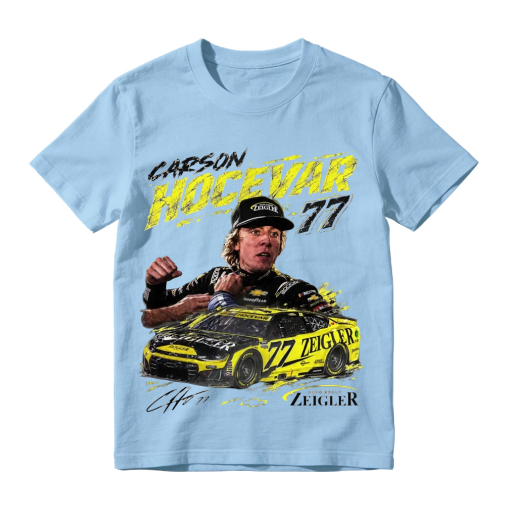 Classic black crew neck t-shirt with Carson Hocevar 77 race car graphic, perfect for motorsport fans, casual outings