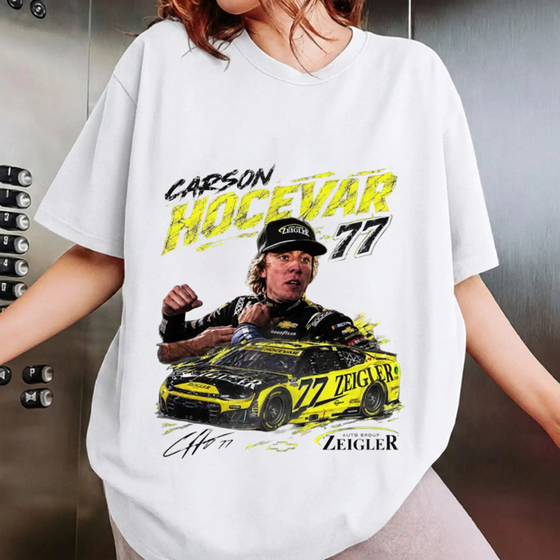 Classic black crew neck t-shirt with Carson Hocevar 77 race car graphic, perfect for motorsport fans, casual outings