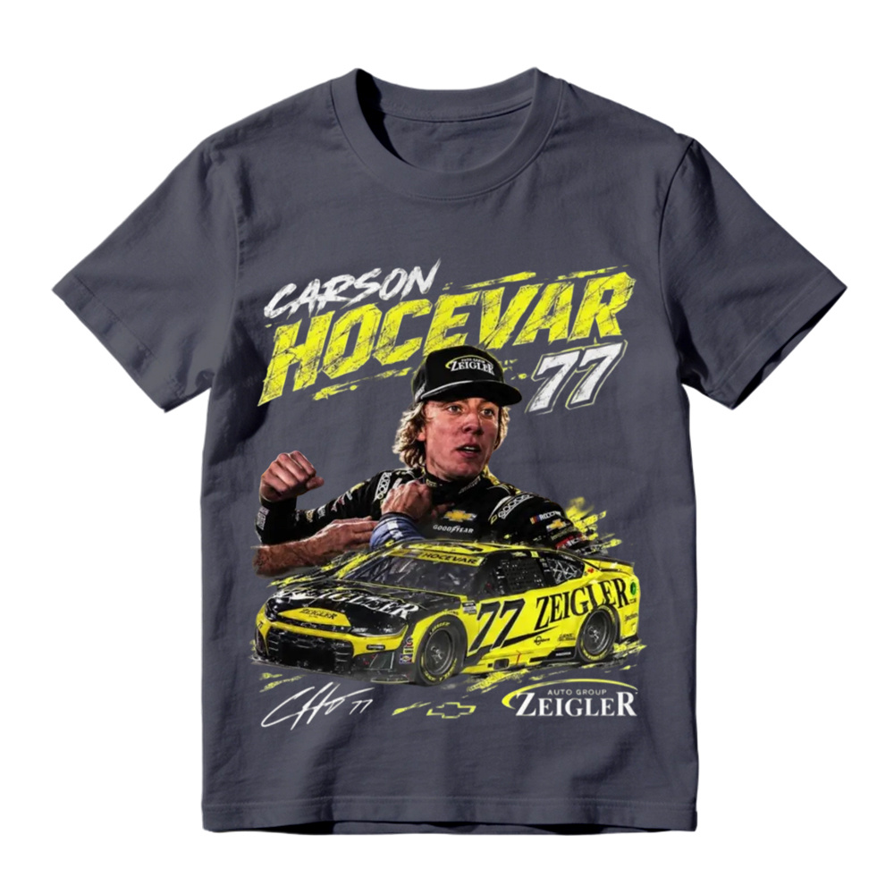 Classic black crew neck t-shirt with Carson Hocevar 77 race car graphic, perfect for motorsport fans, casual outings