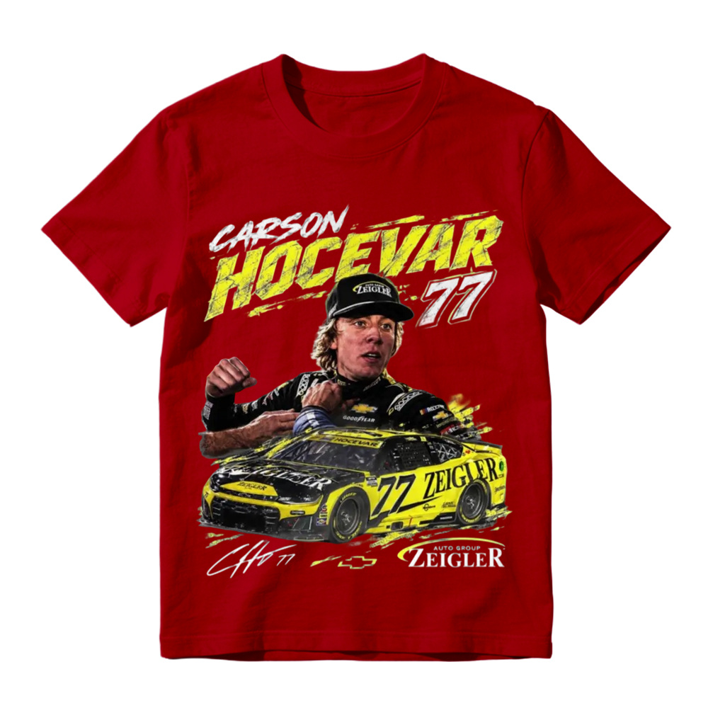 Classic black crew neck t-shirt with Carson Hocevar 77 race car graphic, perfect for motorsport fans, casual outings