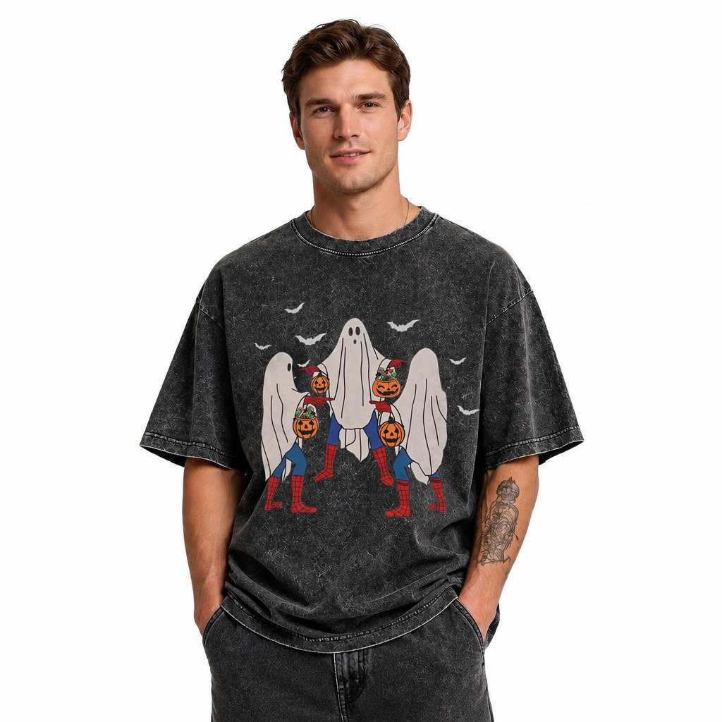 Unisex Menswear Loose Casual Soft Halloween T-Shirt - Vintage Washed Grunge Streetwear Short Sleeve Tee with Meme, Bedsheet Ghost, Pumpkin Bucket Graphics