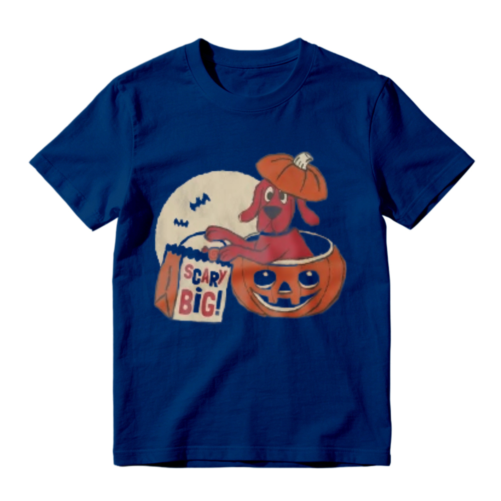 Cute Red Dog In Pumpkin Bucket With Scary Big Bag And Full Moon Halloween Graphic T-shirt