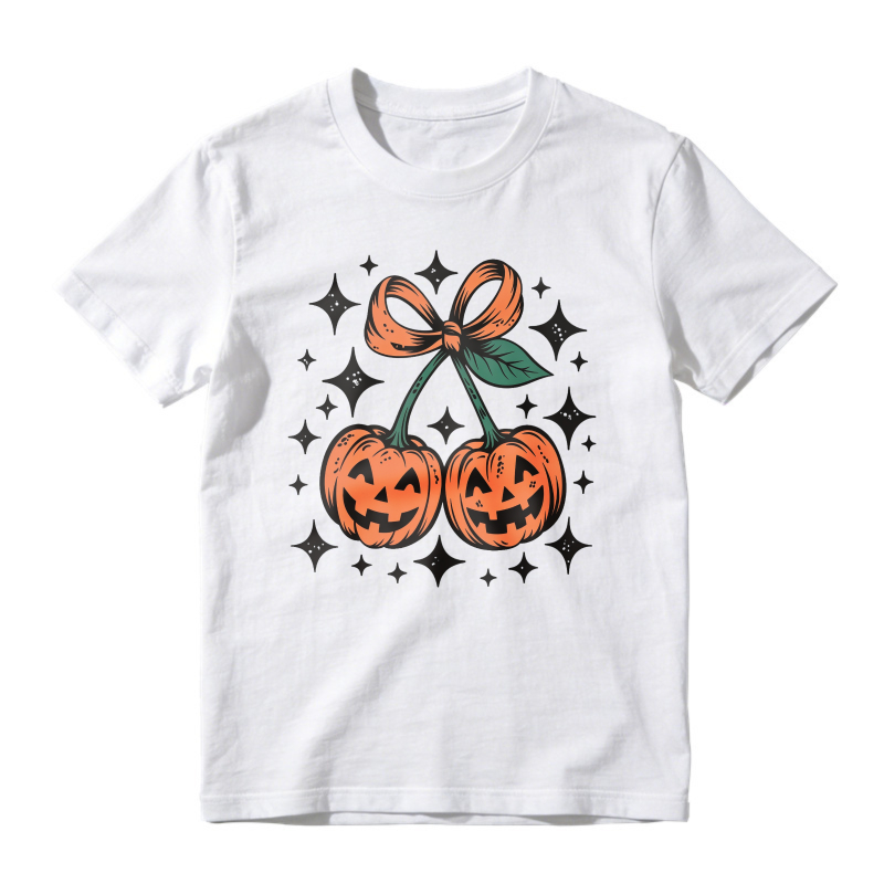 Halloween Pumpkin Cherries With Orange Bow And Stars Graphic, Unisex Classic T-shirt