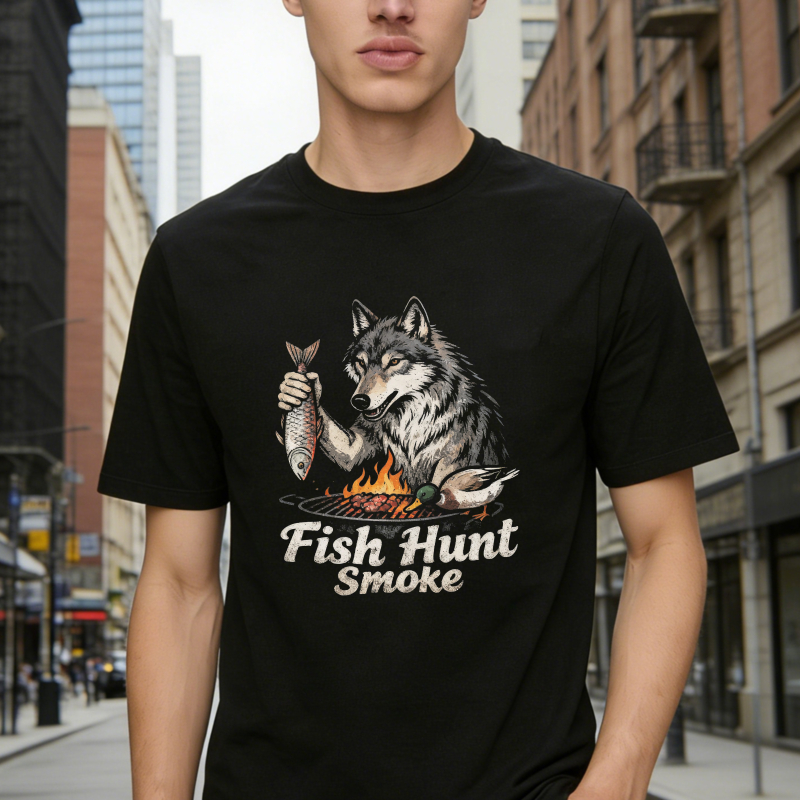 Wolf Holding Fish Over Campfire Grill With Bird And Text Fish Hunt Smoke Unisex Classic T-shirt