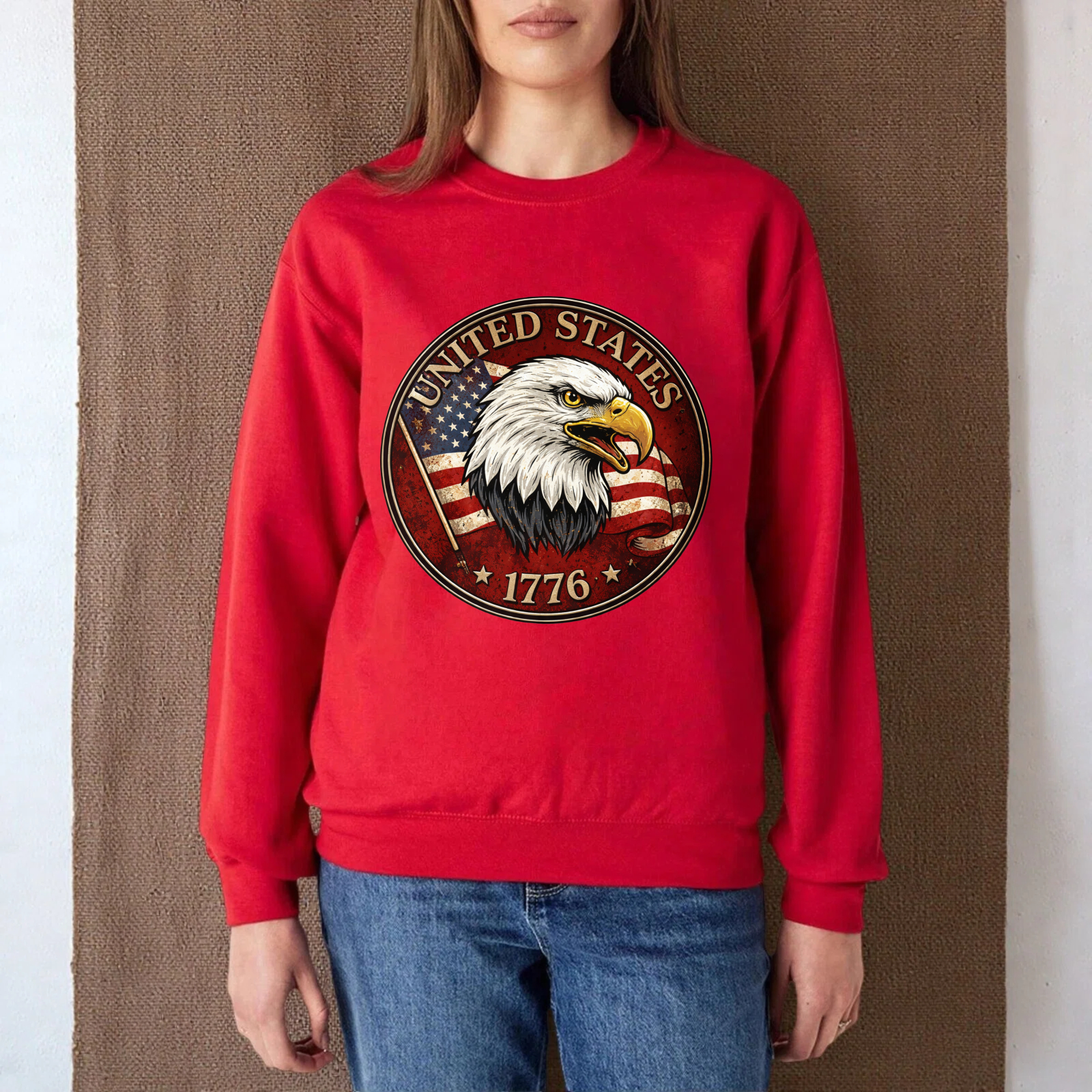 United States Eagle American Flag 1776 Sweatshirt Patriotic Crewneck Pullover Black