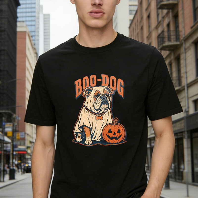 Boo Dog Bulldog In Ghost Costume With Pumpkin Halloween Unisex Classic T Shirt