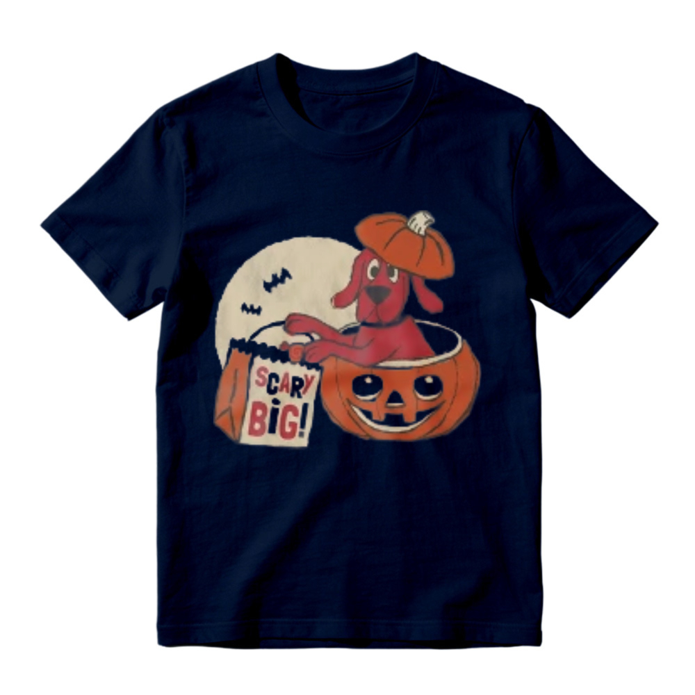 Cute Red Dog In Pumpkin Bucket With Scary Big Bag And Full Moon Halloween Graphic T-shirt
