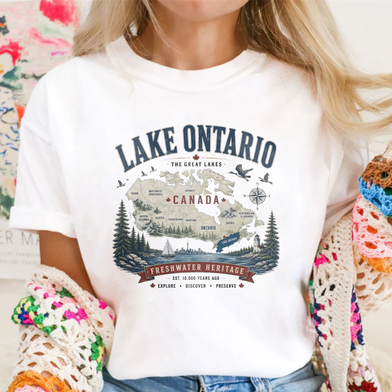 Lake Ontario Canada Freshwater Heritage Vintage Map Graphic T-shirt