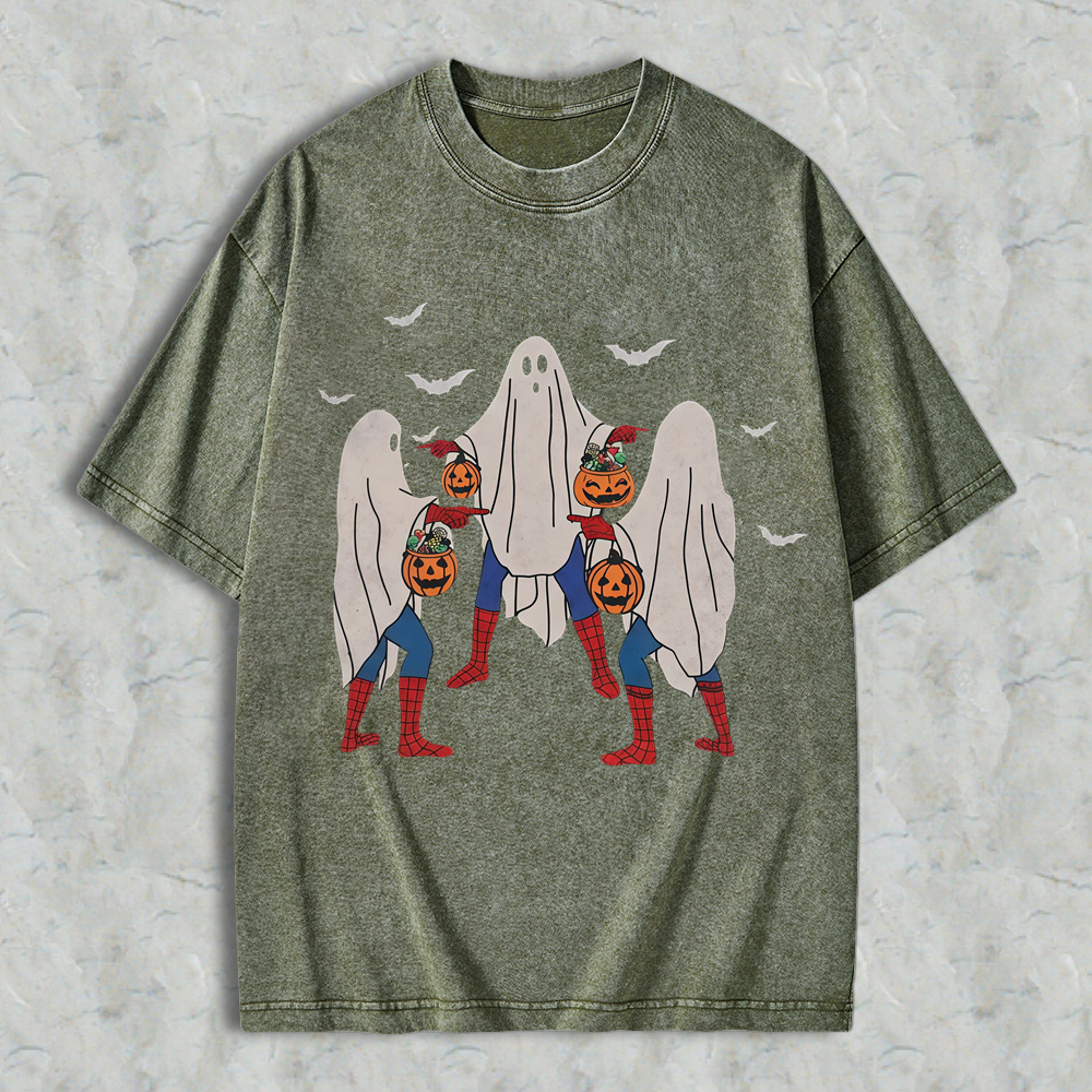 Unisex Menswear Loose Casual Soft Halloween T-Shirt - Vintage Washed Grunge Streetwear Short Sleeve Tee with Meme, Bedsheet Ghost, Pumpkin Bucket Graphics