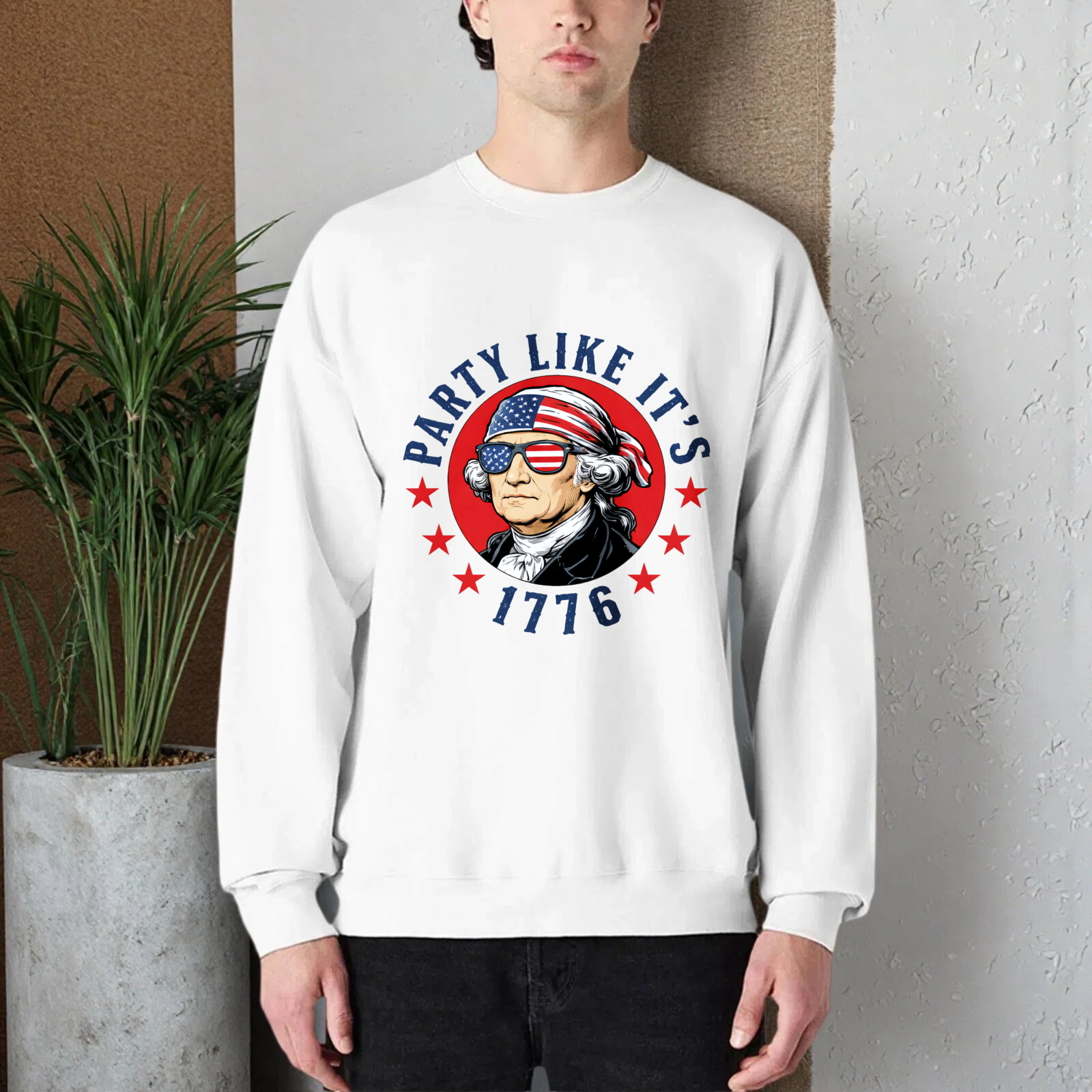 Patriotic George Washington Sweatshirt Party Like Its 1776 American Flag Design Unisex Crewneck Pullover Black