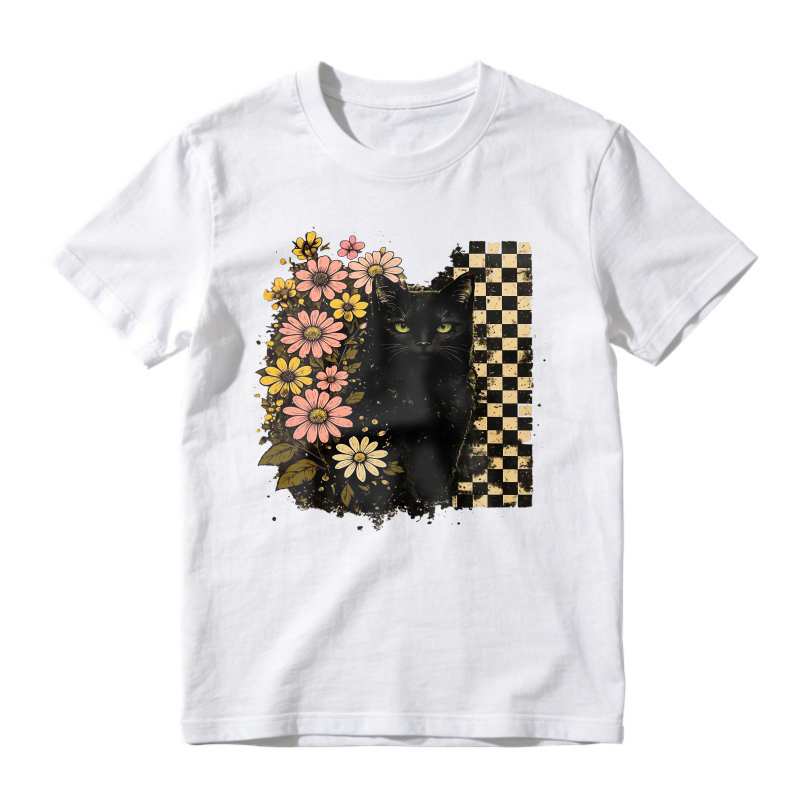 Black Cat With Pink And Yellow Flowers And Checkered Pattern, Unisex Classic T-shirt