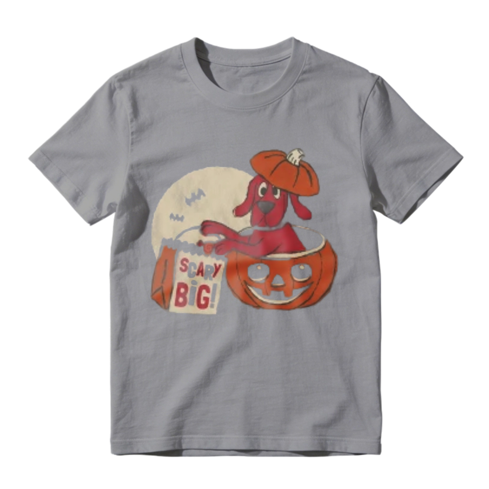 Cute Red Dog In Pumpkin Bucket With Scary Big Bag And Full Moon Halloween Graphic T-shirt