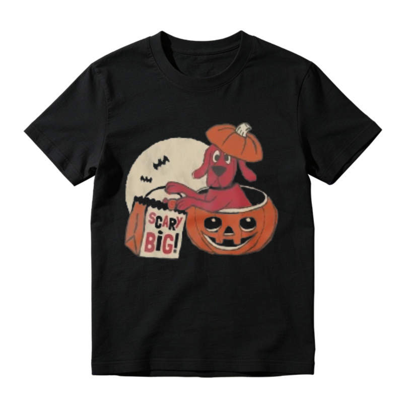 Cute Red Dog In Pumpkin Bucket With Scary Big Bag And Full Moon Halloween Graphic T-shirt