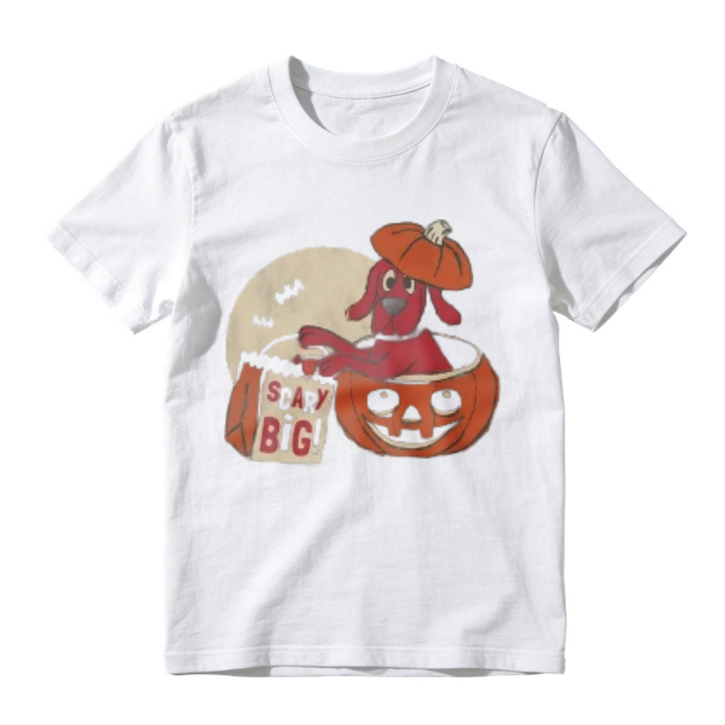 Cute Red Dog In Pumpkin Bucket With Scary Big Bag And Full Moon Halloween Graphic T-shirt