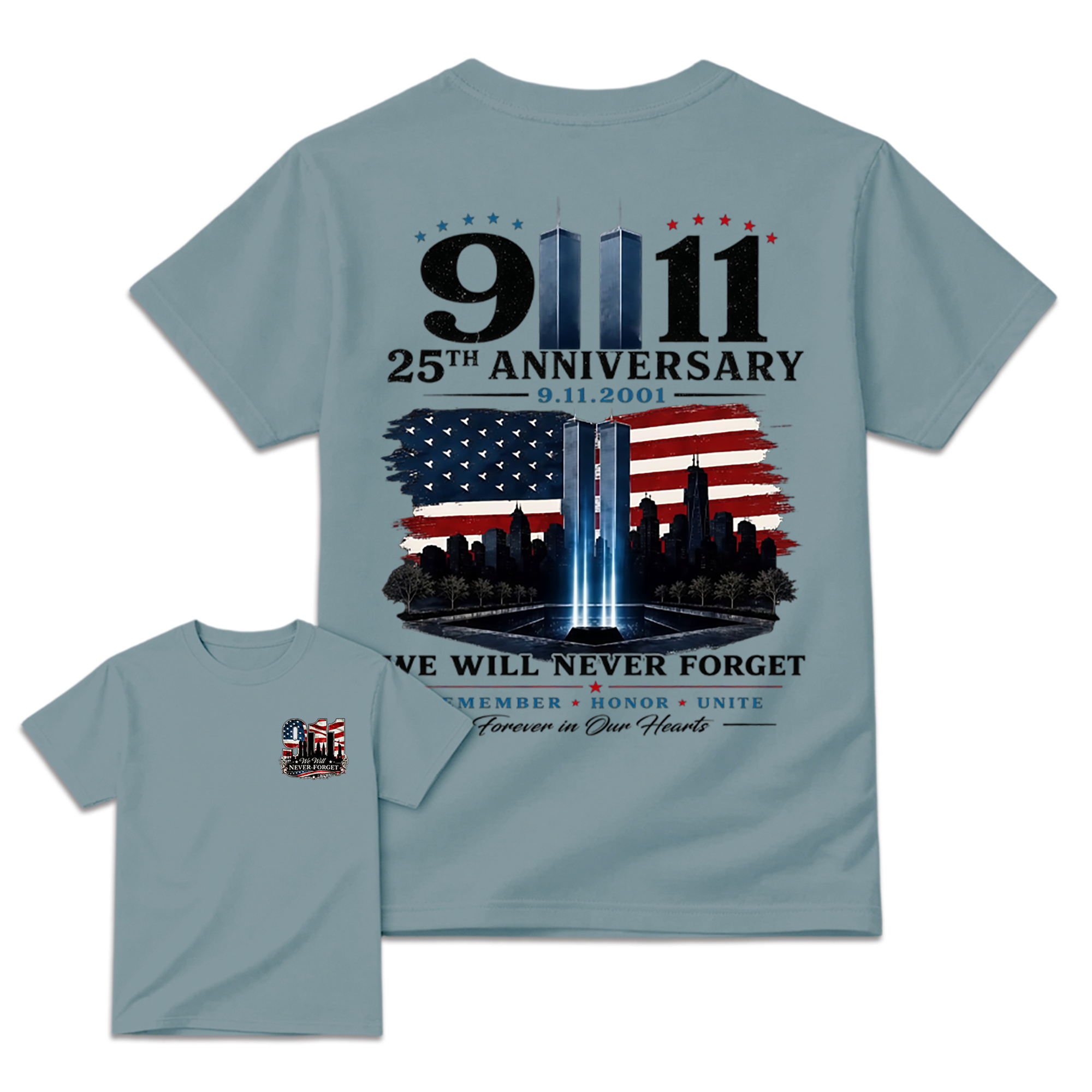 9.11 25th Anniversary Memorial T Shirt, Patriotic Twin Towers And American Flag Two Sided Graphic, September 11 Remembrance Gift For Firefighter Families And Patriots