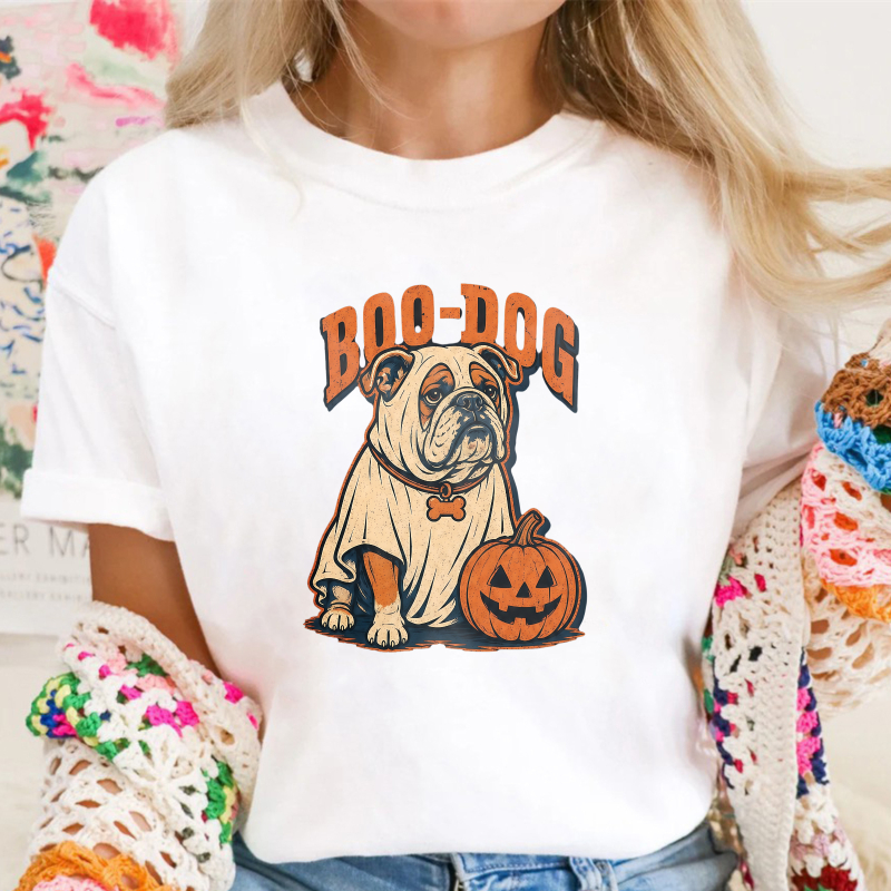 Boo Dog Bulldog In Ghost Costume With Pumpkin Halloween Unisex Classic T Shirt