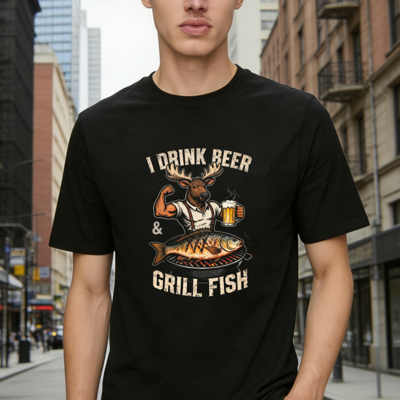 I Drink Beer And Grill Fish Moose With Beer Mug And Grilled Fish Unisex Classic T-shirt