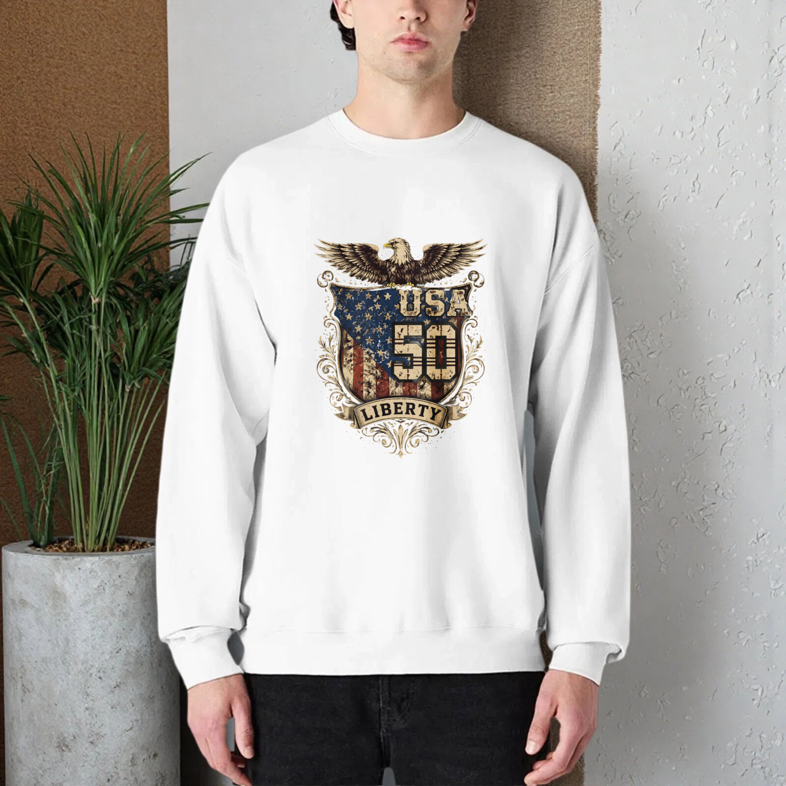 Usa 50 Liberty Eagle American Flag Sweatshirt Crewneck Pullover Long Sleeve Black