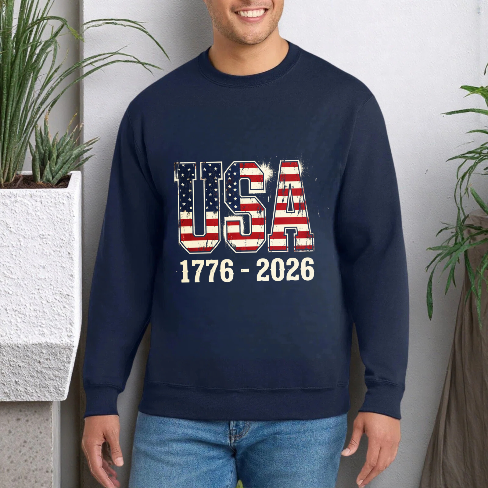 Usa 1776 2026 American Flag Sweatshirt Black Crewneck Pullover Long Sleeve Casual Top