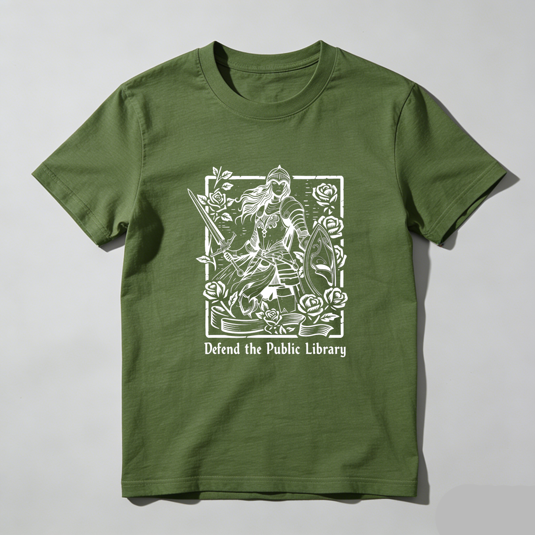 Wardrobecart Defend The Public Library Warrior With Sword And Roses tshirt