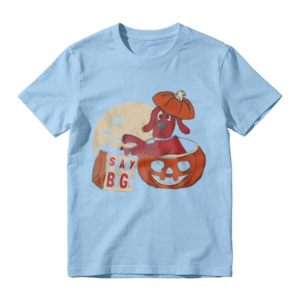 Cute Red Dog In Pumpkin Bucket With Scary Big Bag And Full Moon Halloween Graphic T-shirt