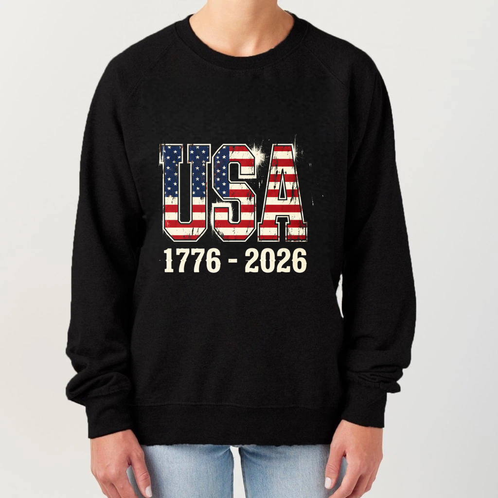 Usa 1776 2026 American Flag Sweatshirt Black Crewneck Pullover Long Sleeve Casual Top