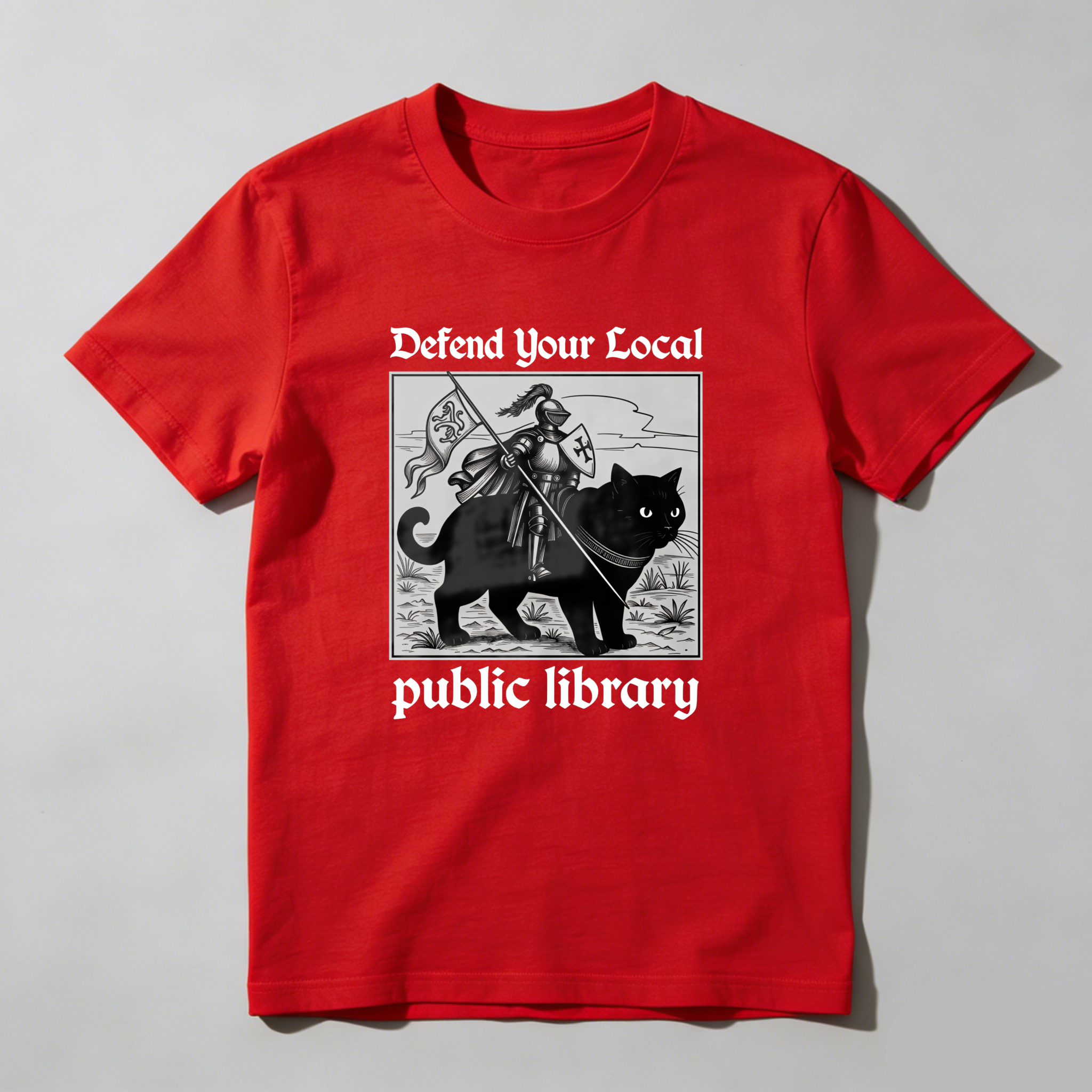 Wardrobecart Defend Your Local Public Library Cat Knight tshirt