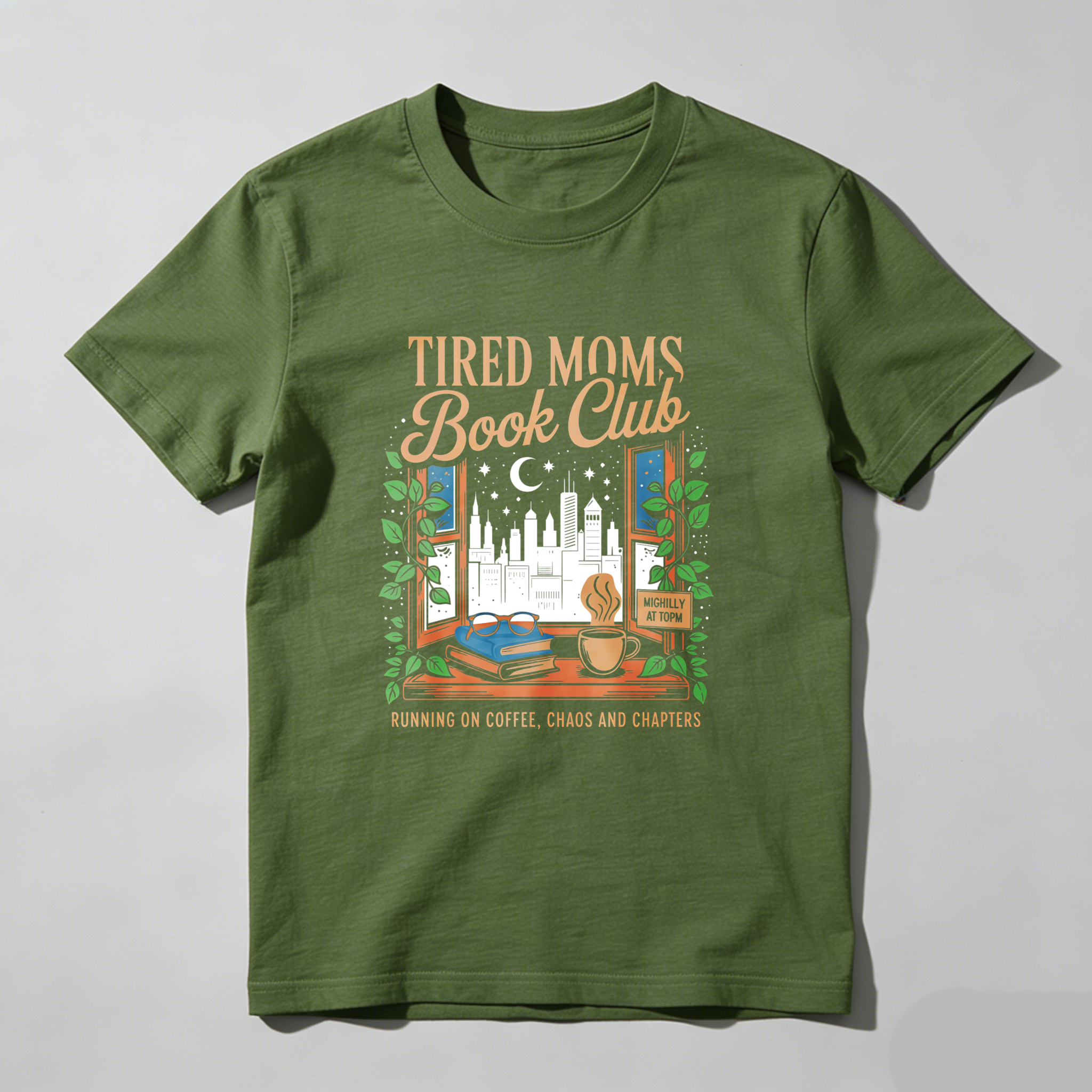 Wardrobecart Tired Moms Book Club Window Scene Coffee Cup Books Cityscape Moon Stars Leaves tshirt