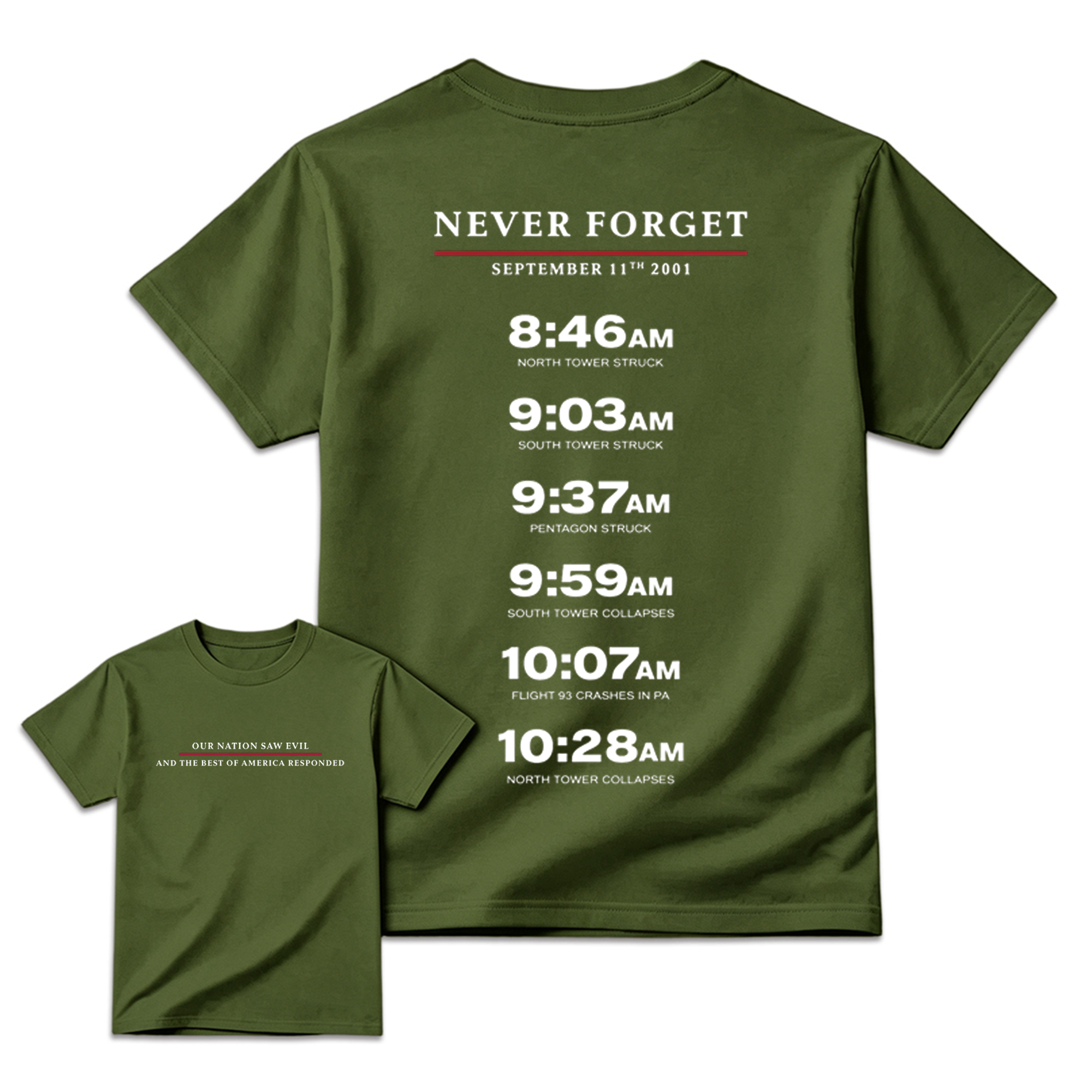 Never Forget September 11 Memorial Timeline T-Shirt Patriotic Remembrance Honor Gift