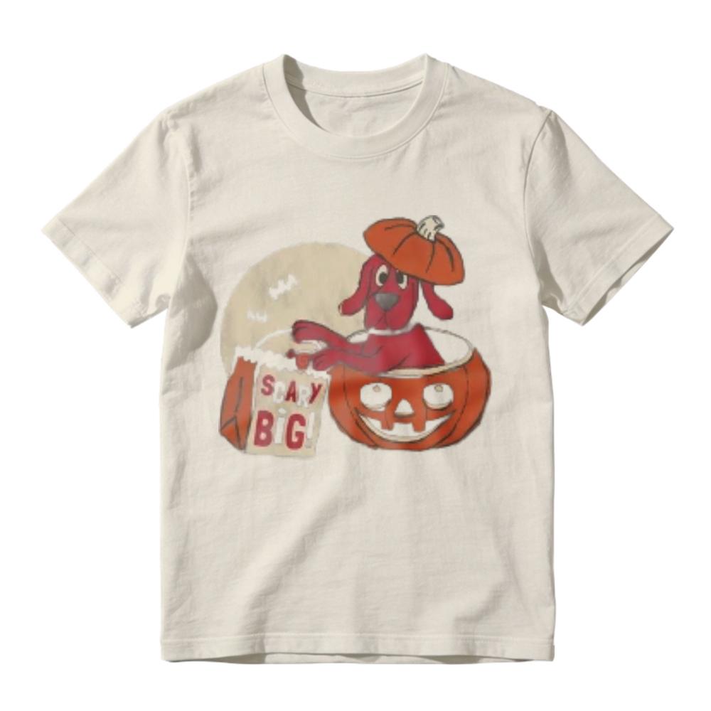 Cute Red Dog In Pumpkin Bucket With Scary Big Bag And Full Moon Halloween Graphic T-shirt