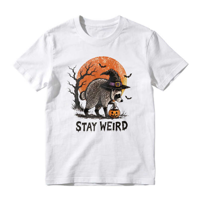 Halloween Raccoon In Witch Hat With Pumpkin And Stay Weird Text, Unisex Classic T-shirt