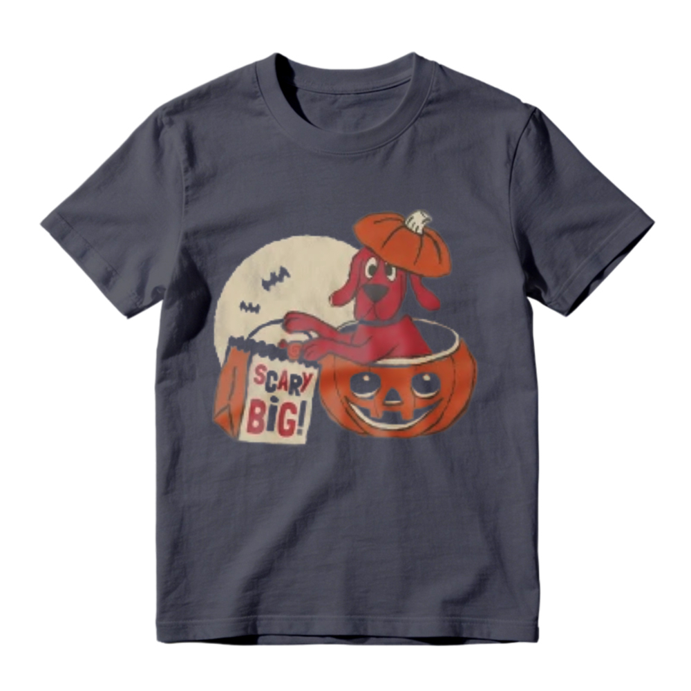 Cute Red Dog In Pumpkin Bucket With Scary Big Bag And Full Moon Halloween Graphic T-shirt