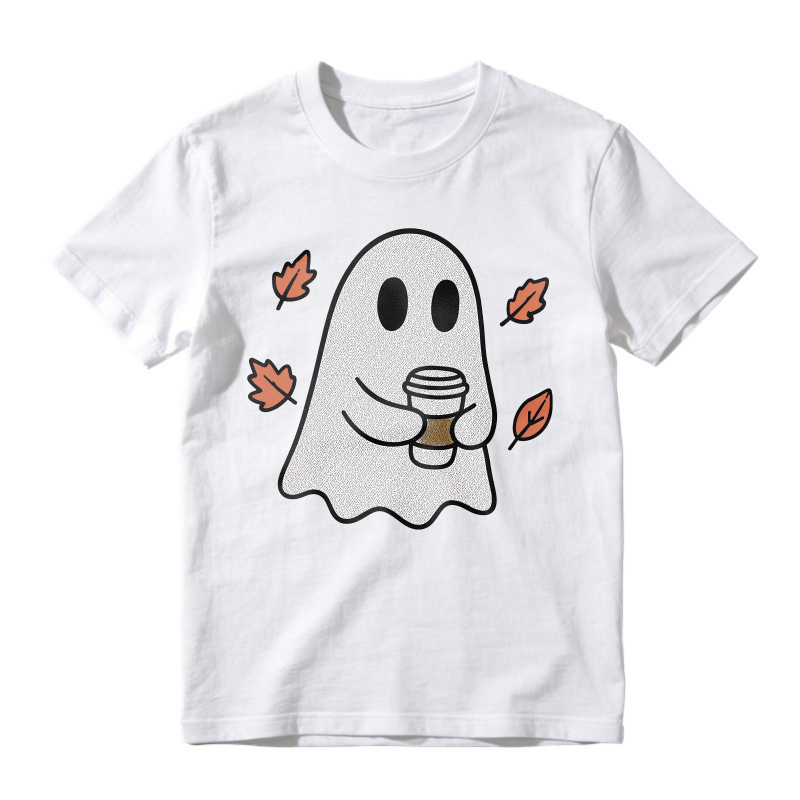 Cute Ghost Holding Coffee Cup With Autumn Leaves, Unisex Classic T-shirt