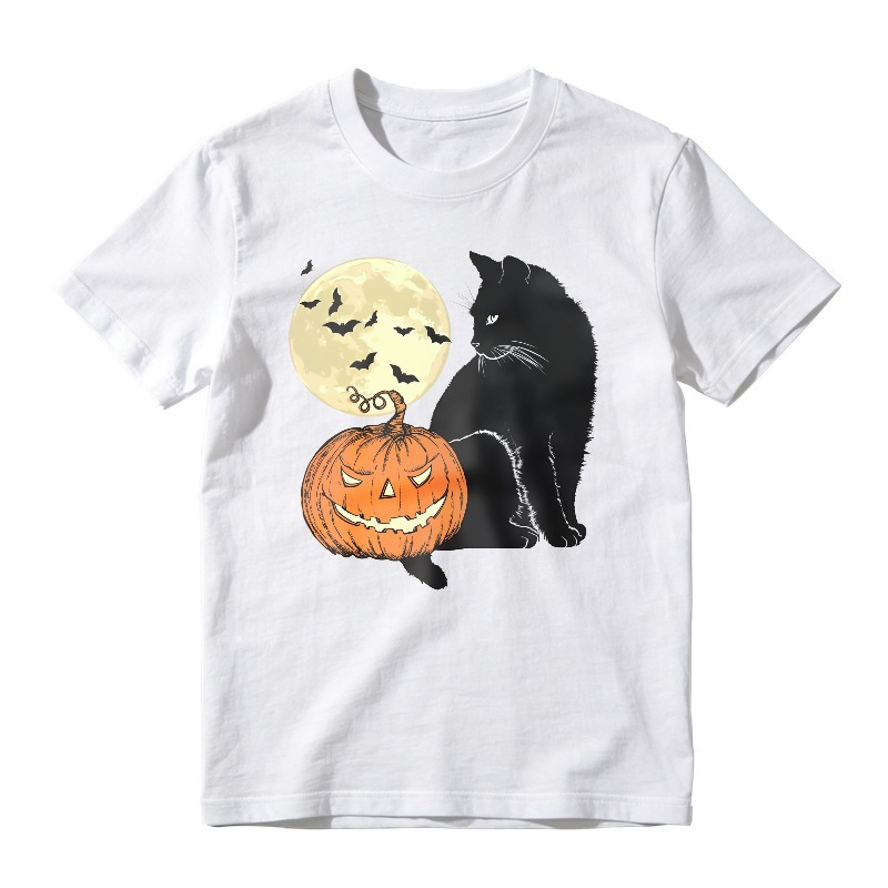 Halloween Black Cat With Pumpkin And Full Moon, Unisex Classic T-shirt