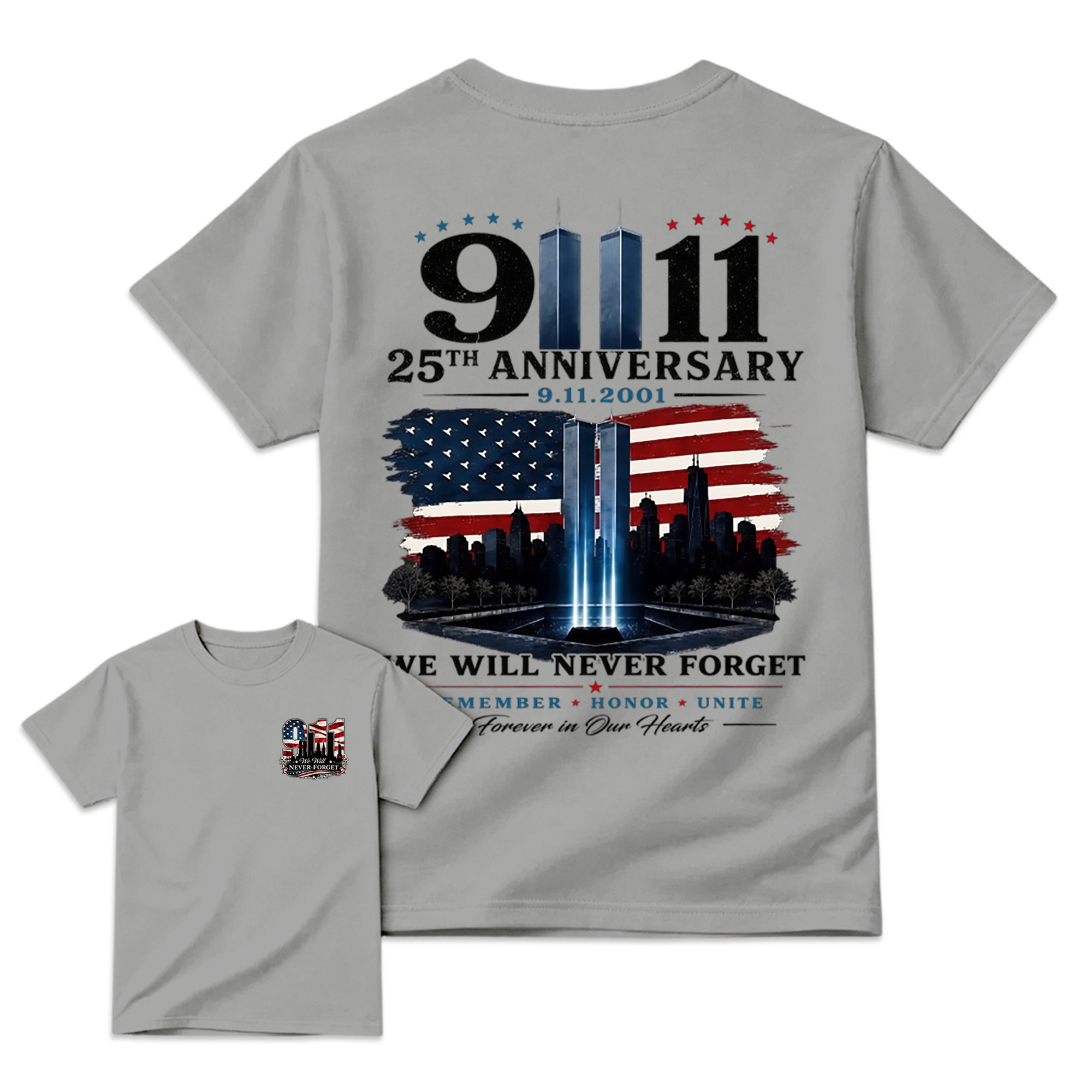 9.11 25th Anniversary Memorial T Shirt, Patriotic Twin Towers And American Flag Two Sided Graphic, September 11 Remembrance Gift For Firefighter Families And Patriots
