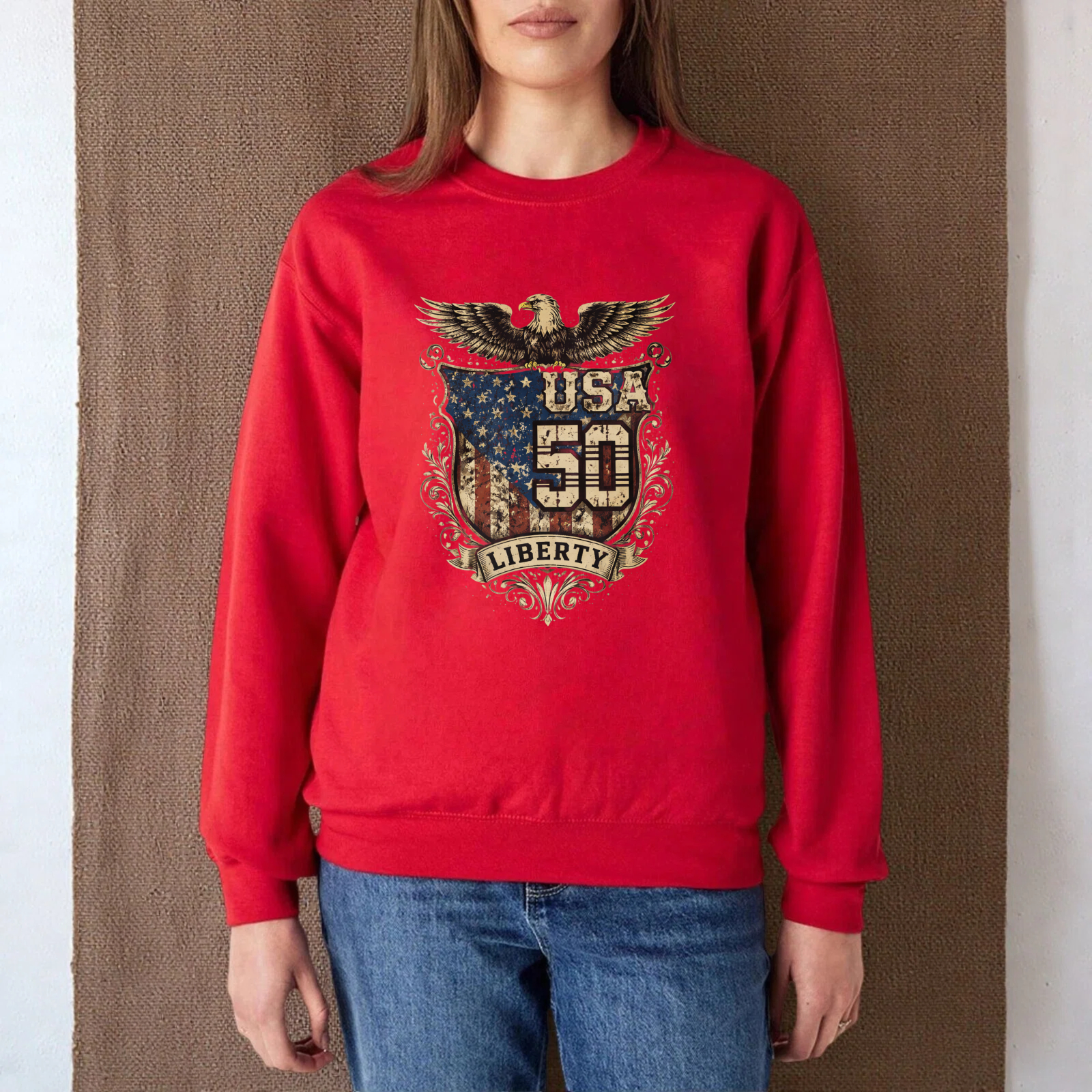 Usa 50 Liberty Eagle American Flag Sweatshirt Crewneck Pullover Long Sleeve Black