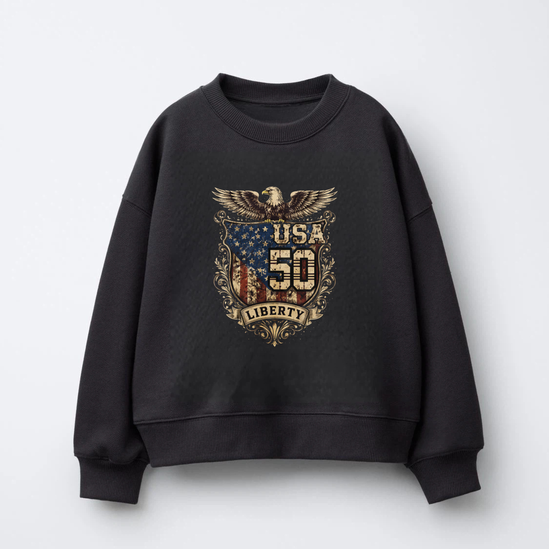 Usa 50 Liberty Eagle American Flag Sweatshirt Crewneck Pullover Long Sleeve Black
