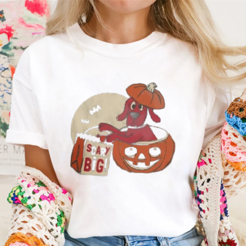 Cute Red Dog In Pumpkin Bucket With Scary Big Bag And Full Moon Halloween Graphic T-shirt