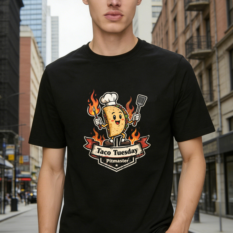 Taco Tuesday Pitmaster Cartoon Taco Character With Chef Hat And Spatula Flames Banner Unisex Classic T-shirt