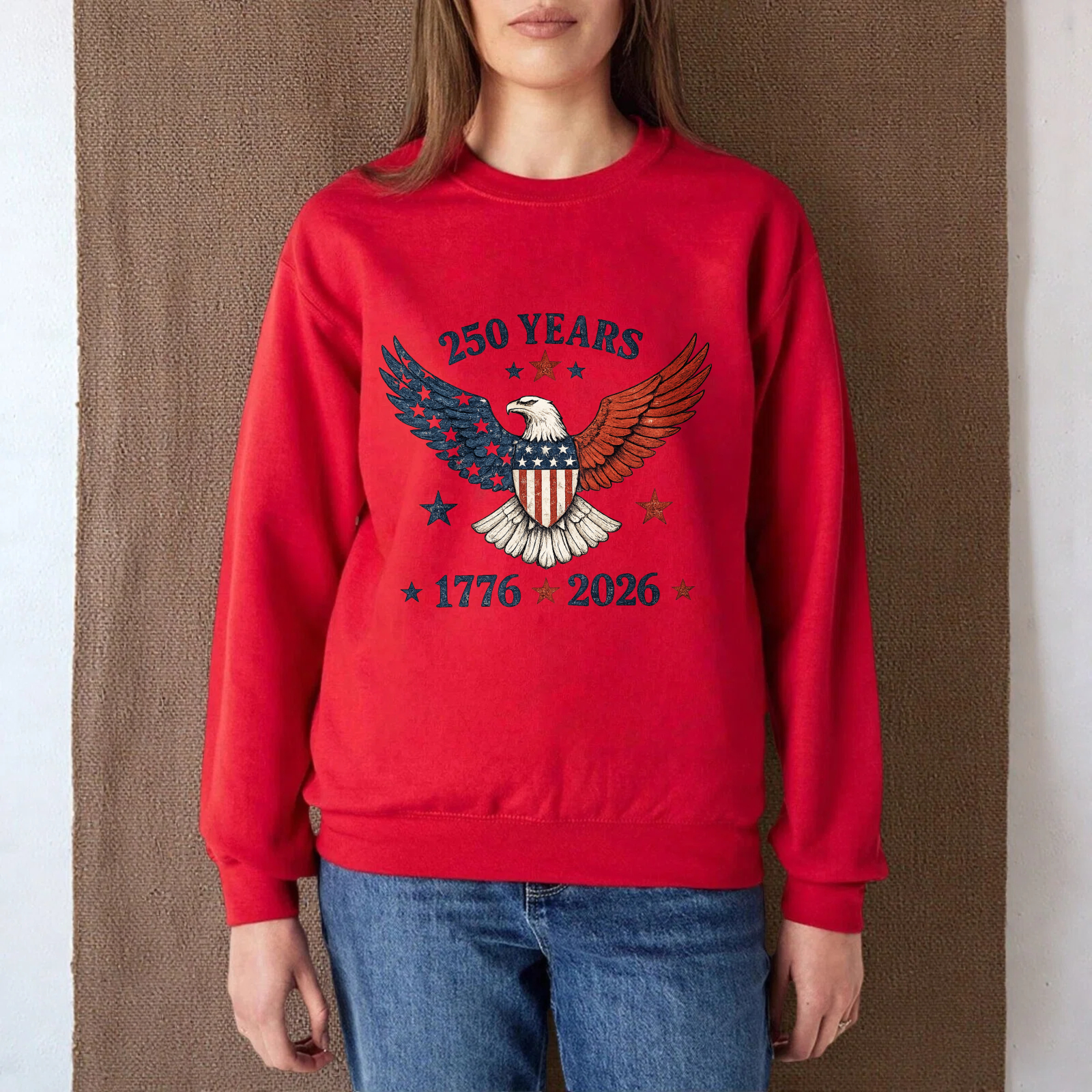 Two Years American Eagle Patriotic Sweatshirt 1776 2026 Independence Day Usa Flag Design Crewneck Pullover Black