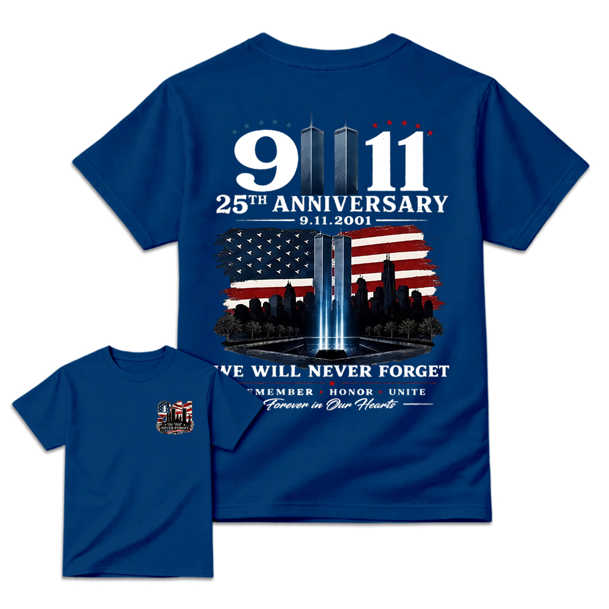 9.11 25th Anniversary Memorial T Shirt, Patriotic Twin Towers And American Flag Two Sided Graphic, September 11 Remembrance Gift For Firefighter Families And Patriots