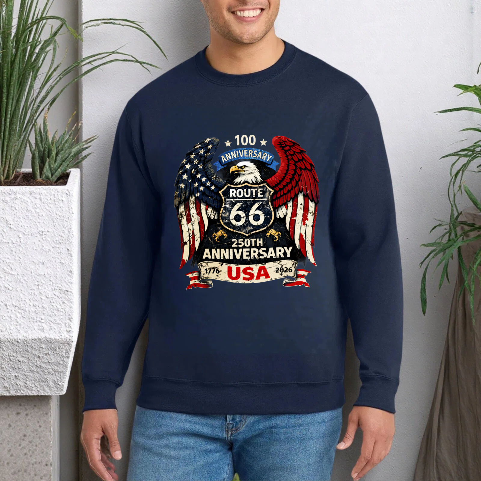 Route 66 100th Anniversary Usa 250th Anniversary Eagle American Flag Sweatshirt