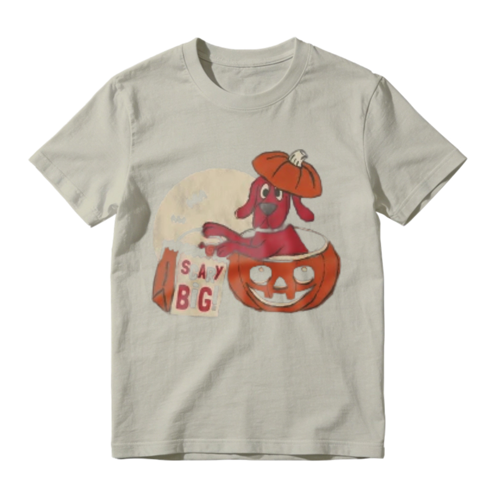 Cute Red Dog In Pumpkin Bucket With Scary Big Bag And Full Moon Halloween Graphic T-shirt
