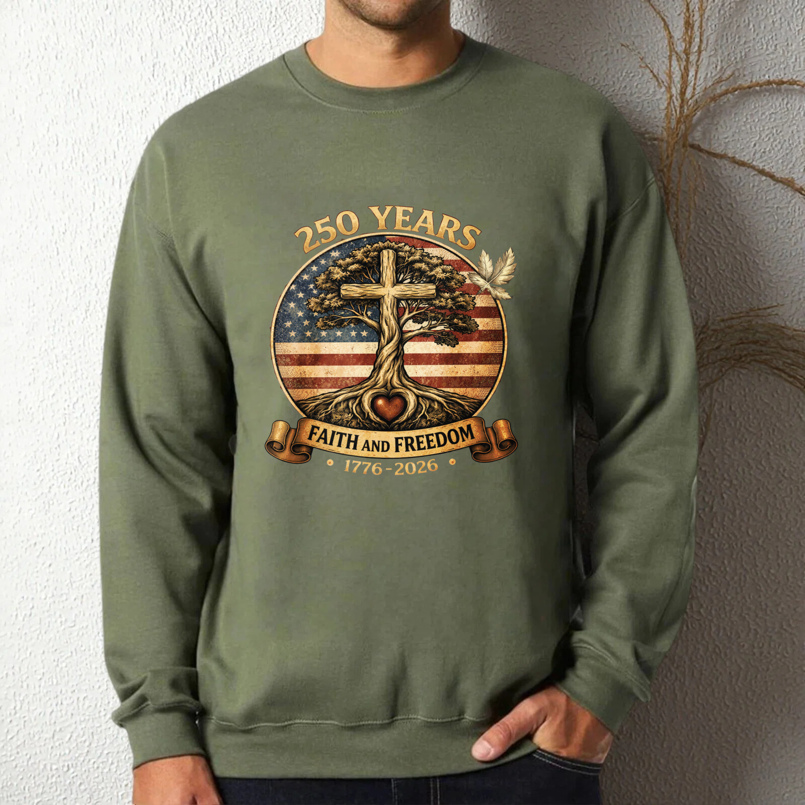 250 Years Faith And Freedom 1776 2026 American Flag Cross Tree Sweatshirt