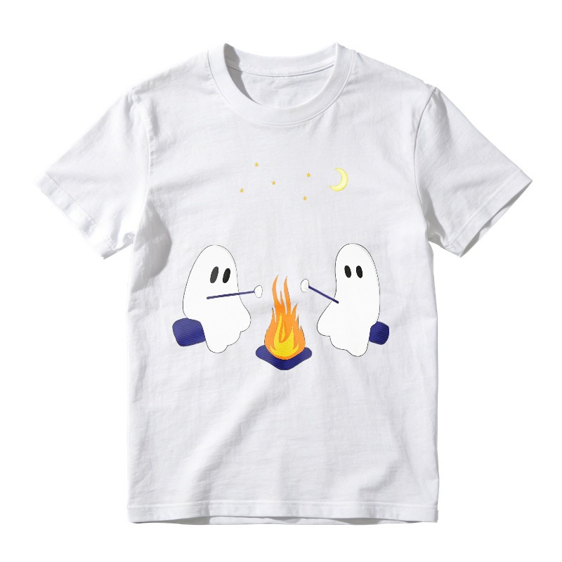 Cute Ghosts Roasting Marshmallows Over Campfire Under Moon And Stars, Unisex Classic T-shirt